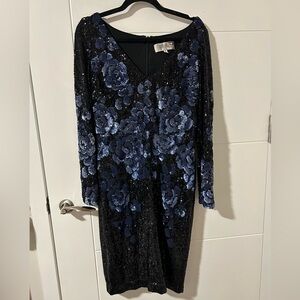 Badgley Mischka Blue Sequin Floral Midi Evening Gown